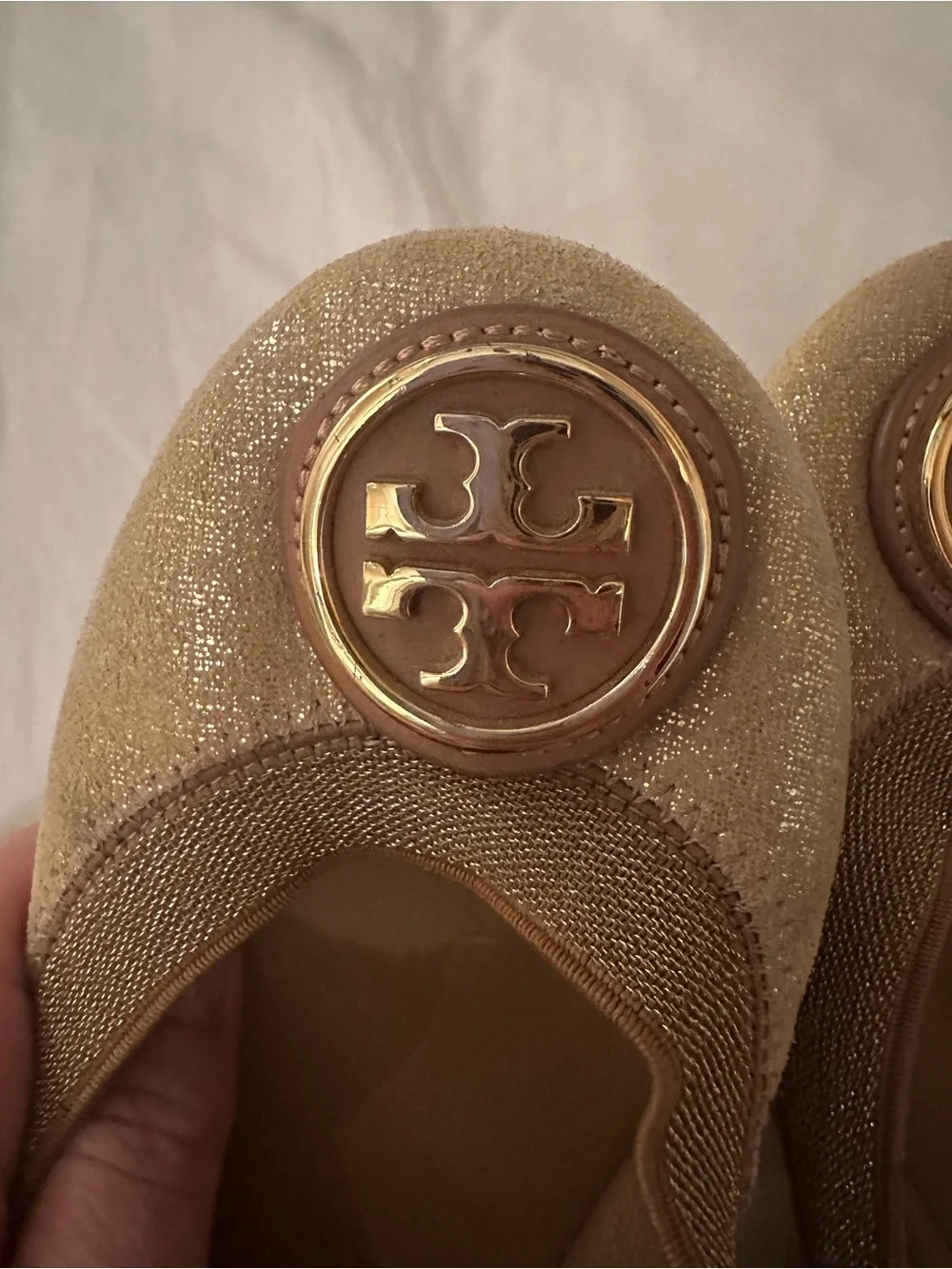 Tory Burch Glittery Gold Logo Round-Toe Ballet Flats